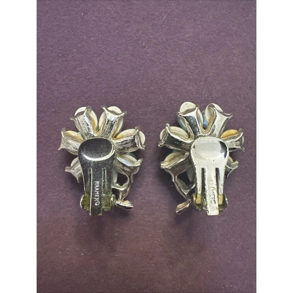 KRAMER Vintage Blue/AB Rhinestone Flower Clip On Earrings Signed